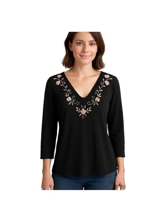 Tops - Women’s jersey top spandex embroidered front black 3/4 sleeve Sz XL